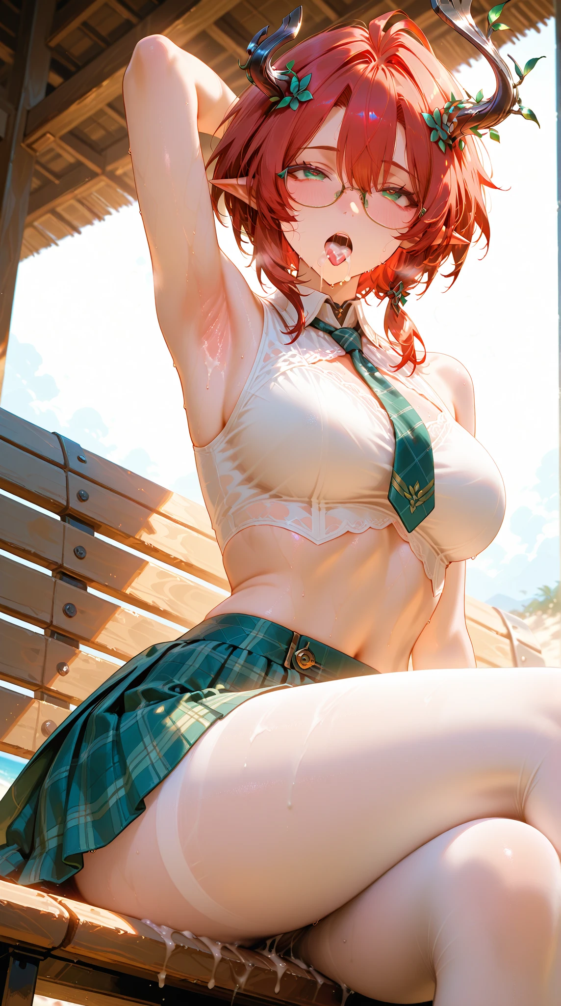 Pubic hair grows、Smile full of happiness、((Transparent panties:1.3))、Almost completely naked、Panting face、Lacking、Sweating、Expression in a state of excitement、short-hair、eye glass, 19Year old woman, masterpiece, Realistic, hightquality,1girl in, Extremely cute, NSFW、(8K、Raw photography、top-quality、masterpiece:1.2)、(realisitic、Photorealsitic:1.37)、1 beautiful Japan schoolgirl、perfect bodies、full body Esbian、18year old、Medium Boob、(Photographing the subject from below)、(((underboob)))、Lower breast、Earrings 1.5、skinny、、(((underboob)))、top-quality, masutepiece, hi-school girl, Generates a scene of beautiful girl in high school uniform sitting with her legs open on the sandy beach at sunset. She wears a white blouse and pleated skirt, Beautiful orange hair with medium bob hair. Her facial expression is captivating, sunset sky in background. Make this scene feel like it was shot from below.., plump big breasts, Sitting with legs open, showing panties, panties focus, white panties,
