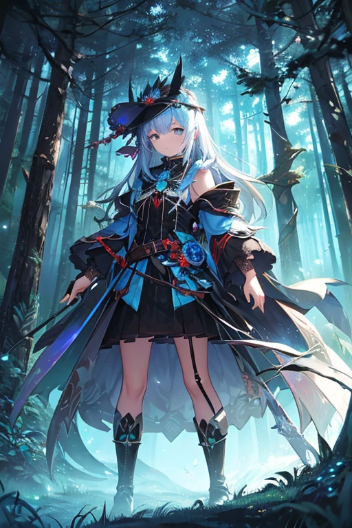(best quality, masterpiece:1.2), 1 woman, alone, tree, long hair, blue hair, blue eyes, expressionless, thigh height 부츠, cloak, Gloves, thigh height, front view