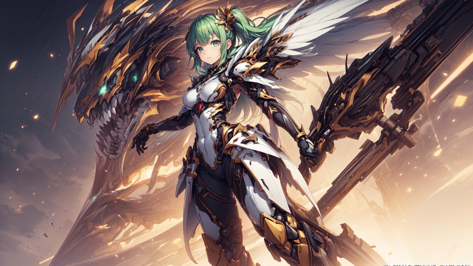 (((((Dragon Knight Dragon、Big feather Holding a spear))))) ((((Blue Hair、Long Hair Yellow Eyes Black armor、Gloss)))) (((Aurora))) ((Shining Background))