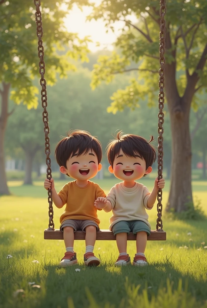 Two ,Swing together,Two people sit on one side,Face away from the picture