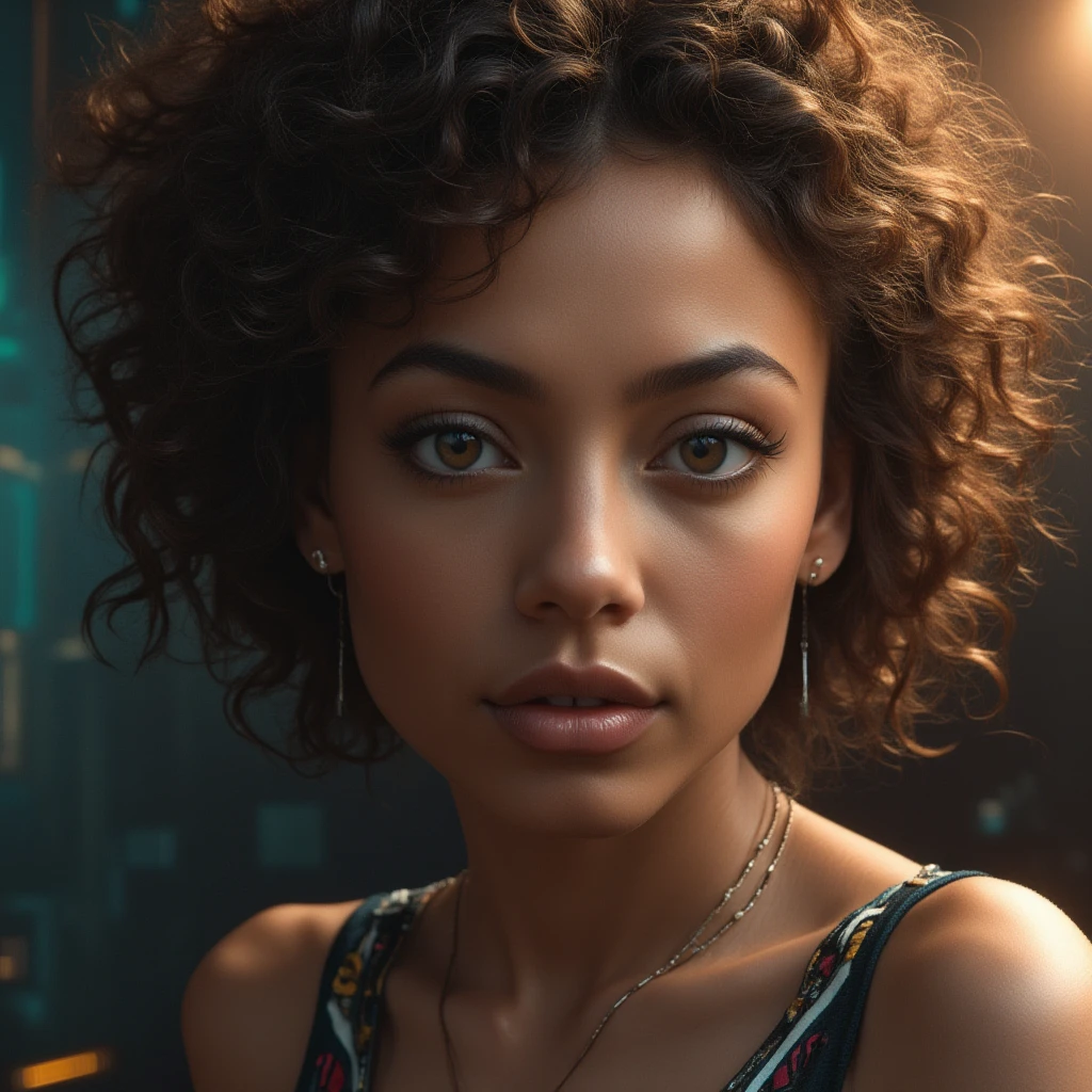 Full body image of a dark tanned woman in her twenties, with Zendaya style eyes, short straight red-orange hair and short bangs at eye level, Italian appearance, attentive. full body, sexy, cute, white, perfect body, clearly visible, beautiful, model face, sexy girl with blue eyes, ultra-realistic, meticulously detailed, colossal breasts, extremely white hair and big eyes, green eyes, dressed is an ice-blue deep-low-cut leather jumpsuit and an orange belt magnetic closed, natural makeup, looking straight into the camera, Face Artgram, subtle makeup, medium and large chest, let the face be clearly visible,
