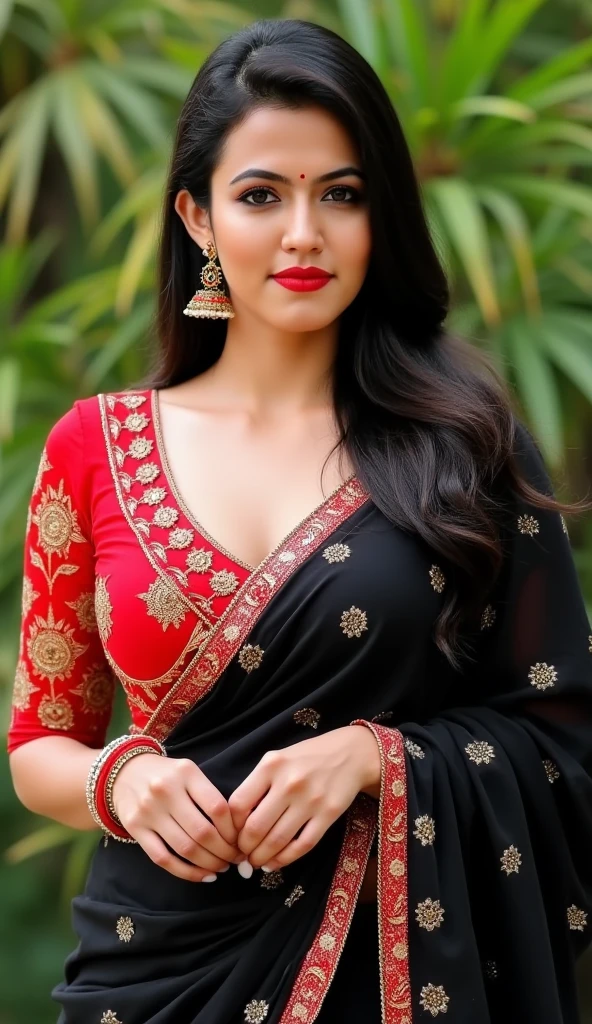 (best quality)), ((masterpiece)), (detailed), A very beautiful Indian woman with round breasts,and sexy curvy waist. Enjoying indian wedding. Wears black&red western saree with designer blouse with bra inside . Moon light, night time, winter time. detailed background l