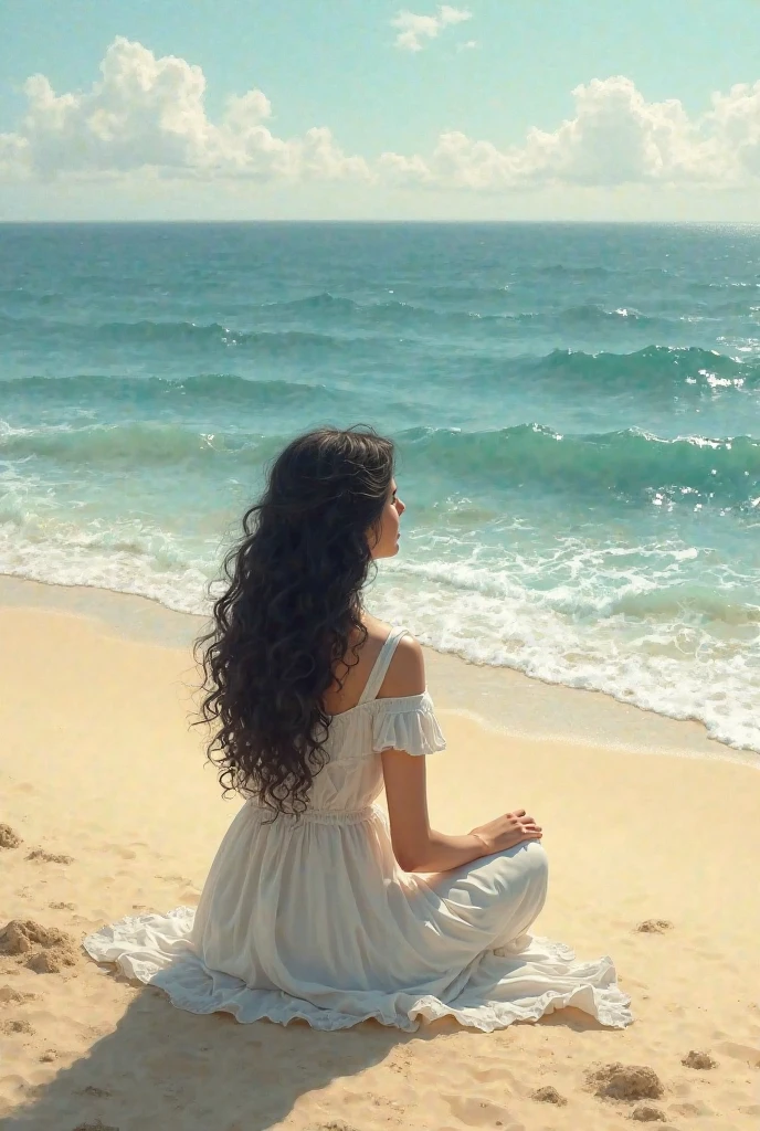 Woman in black dress sitting on the beach looking at the sea, The girl looked at the waves, sitting in beach, sentado na praia, Looking at the sea, Photo at the back, looking at the ocean, beach aesthetic, relaxing on the beach, User photo, Very relaxing on the beach