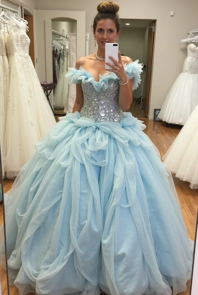 ((naked mature Cinderella in sparkling blue gownDappled Light, photo portrait of the Cinderella (Cinderella): Cinderella's iconic blue ball gown, glass slippers, and fairy tale transformation make her a classic choice for Disney princess cosplay., colorful, realistic round eyes, dreamy magical atmosphere, superheroine costume, (skin texture) (film grain), (warm hue, warm tone:1.2), close up, cinematic light, sidelighting