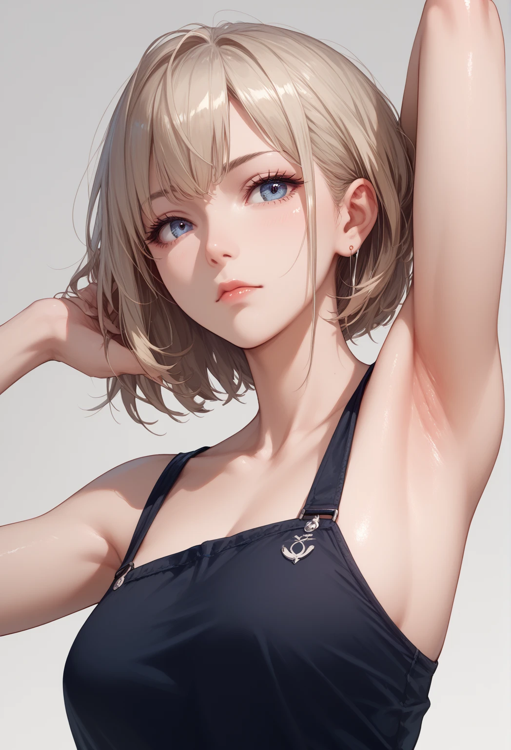 masterpiece, best quality, aya brea, looking at viewer, large breasts, upper body, portrait, seductive smile, put your hands behind your head, armpits, armpits visible, sweaty armpits, wearing black tanktop