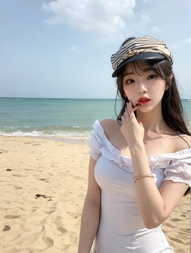 jeans_lure_clothing, ((knee shot)), ((Large Breasts)), ((E cup)), ((I-type Valley)), ((Bare shoulder)), ((Nice long legs)), Visible cleavage,Highly detailed face and skin texture, Double eyelids,Skin Whitening,Long hair,Whitening long legs,Standing by the sea, Fashion Girl, Red lips, Sweet Girl, Beautiful makeup, detail, lifelike, Very detailed, Astonishing, beautiful, Young and energetic, high quality,HD, Colorful, Beautifully, Smooth skin, Official Art, Extremely detailed, Movie atmosphere, Soft colors, Natural skin texture, Random scene, random shooting Angle