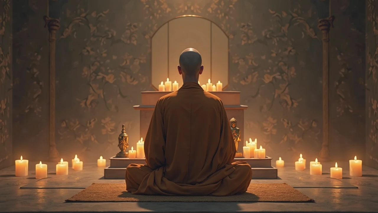 Monk looking at Jesus and Buddha
