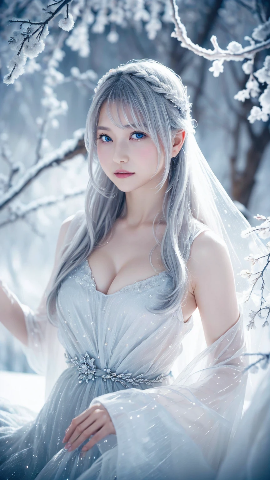 ((High quality)),masutepiece,(Detailed depiction of local details:1.2),1girl in,large full breasts、cleavage of the breast、Blue eyes,Closed mouth,Eyelashes,Looking at Viewer,Portrait,Solo,upper body closeup、portlate,White hair,White theme,(tmasterpiece, 8K, Best Quality, hight resolution, Ultra-detailed, Ultra-realistic realism),White the, A world covered in silver, branches covered with snow, cold winter feel, snowflakes dance like elves, Turn the world into a silver fairy tale, Cold, Quiet and beautiful snow scene, comfortable and calm, Vibrant colors, Full body, Princess, 1 girl, 25age, a baby face, White hair, (an artistic pose),arms up