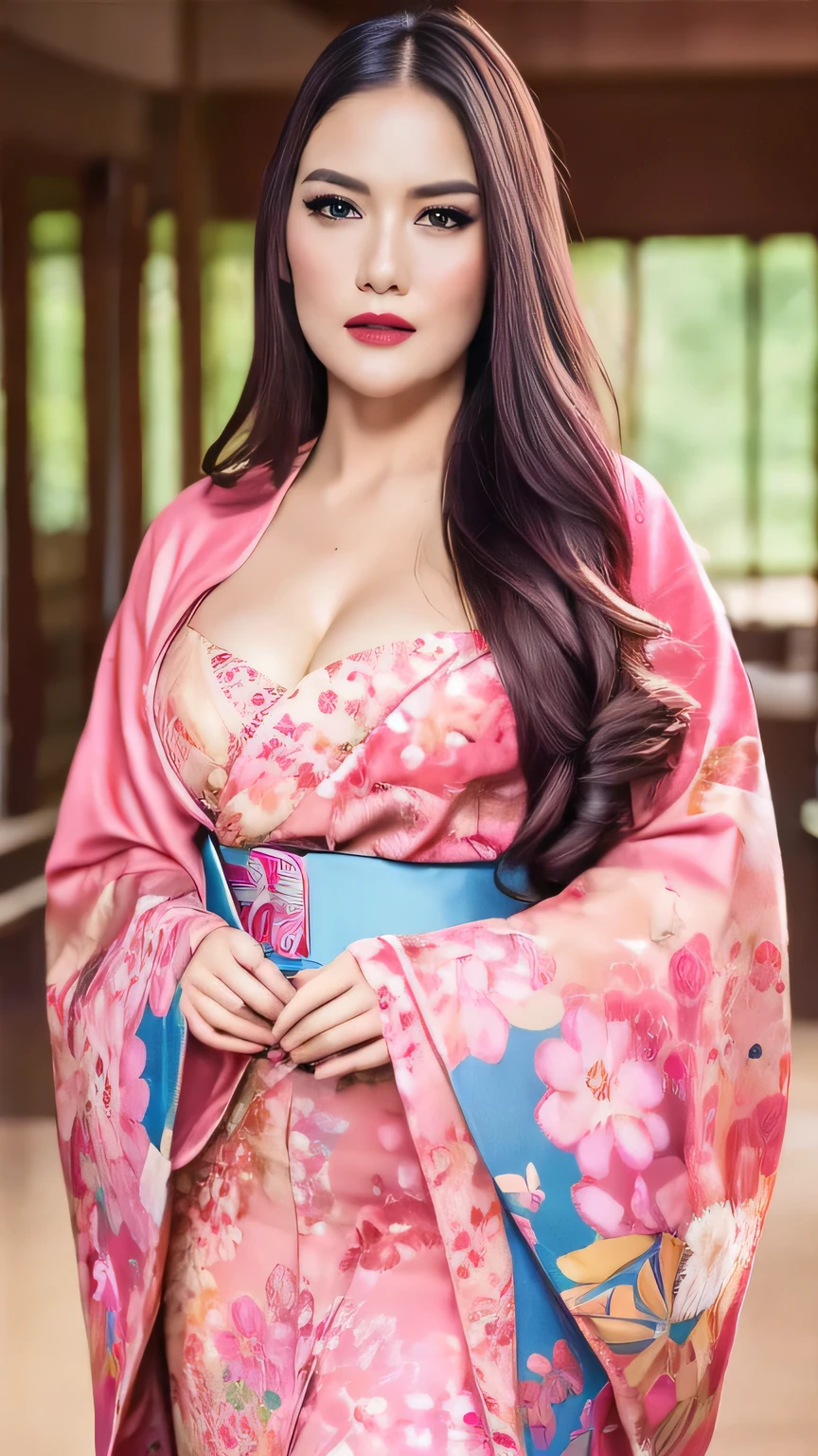 Lucy Pinder, face portrait, portrait, smiling, (Adele),((VERY INTENSE MAKEUP)), voluptuous, neckline, Yukata, ((Asian woman))