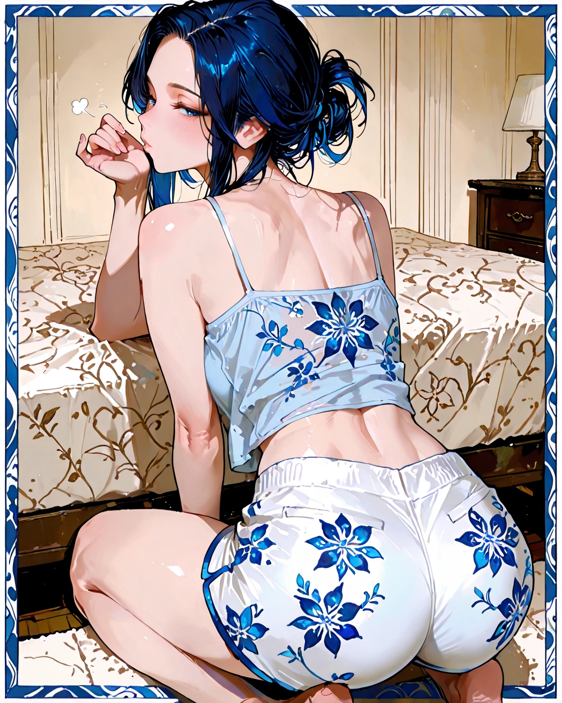(masterpiece, best quality), 8K, high detail, (((胡butterflys忍)))、((A dark-haired))、One girl、Kunoichi costume、Voluptuous thighs、Big ass、cowboy shot、Red cheeks、ssmile、butterflys