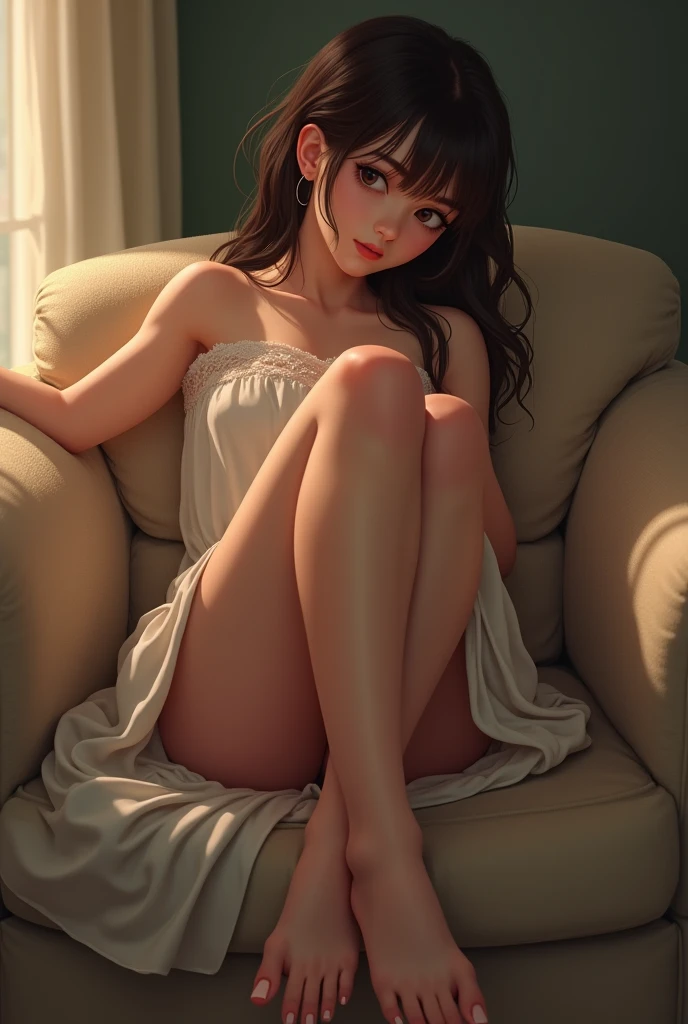 woman sitting on a bed with a pink blanket and a brown chair, sexy pose, very sexy pose, ultra realistic picture, beautiful soft lighting, young and cute girl, 8 k sensual lighting, cute elegant pose, japanese goddess, sexy girl, beautiful asian girl, seductive real girl, character is in her horny pose, smooth pink skin, anime. soft lighting, naked, cum in side
