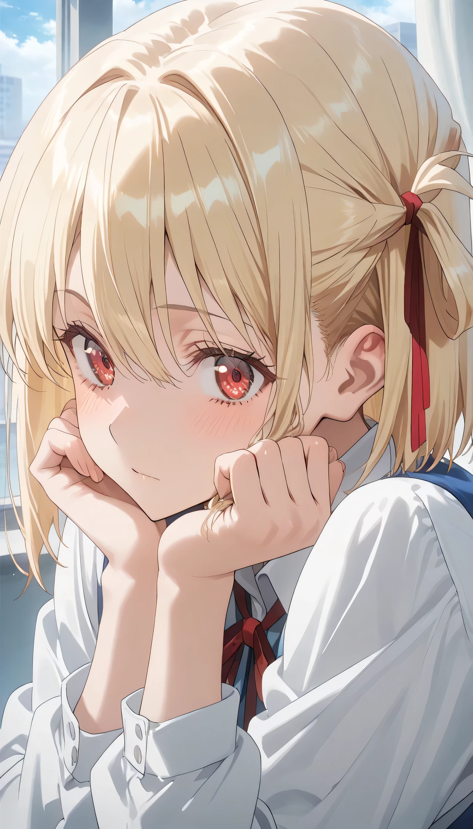 score_9, score_8_up, score_7_up,(masterpiece),(best quality),( very well detailed ),8k,(1 woman),( voluminous ),Chisato Nishikigi, short hair, bangs, blonde hair, red eyes, hair ribbon, one side up, bob cut,
