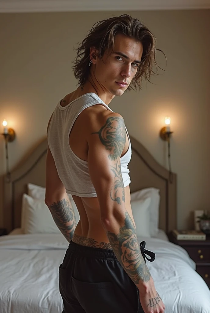 Photorealistic, ((best quality)), ((masterpiece)), (detailed), 1boy, 8k, high detailed, ultra-detailed, Stylish Pose, real skin texture, dark cinematic lighting, 18-year-old italian male model, handsome, tall, cute looking, evil look, dark look, powerful, (blue eyes:1.4), personification of the deadly sin of lust, deadly sin, (LUST:1.5), (black demon horns:1.3) sexy, hot male model, white pale skin, intense, (dry wavy short hair:1.3), (dry short brown messy hair, strong jawline, masculine, muscular, defined fit body, hairless chest, shirtless, pantless, barechested, topples, barelegged, barefoot, shirtless, topless, barechested, half naked, tight boxer-brief, tight underwear, short underwear, ,,,,, night, nightime, dark night, on his knees, sinister aesthetic, huge room, big windows, magestic badroom, luxurious minimalistic modern bedroom, (dark background:1.2), dim light, dark atmosphere, cinematic lighting, Depth of field, award-winning photography, elegant, hyperrealistic, octane render, unreal, high definition, 8k resolution, highly detailed, 8k uhd, professional lighting, photon mapping, radiosity, physically-based rendering