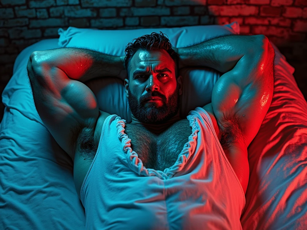 Hot, sweaty, beefy, shirtless dad on the bed with his hands tied up above his head, his hands connected to the headboard. He also has big, bushy, hairy armpits. Big cockhead bulge on his underwear. (He is also blindfolded with a cloth tied around his eyes, covering his eyes). (He also has a dad bod). (He is extremely sweaty, sweat dripping all over his body).