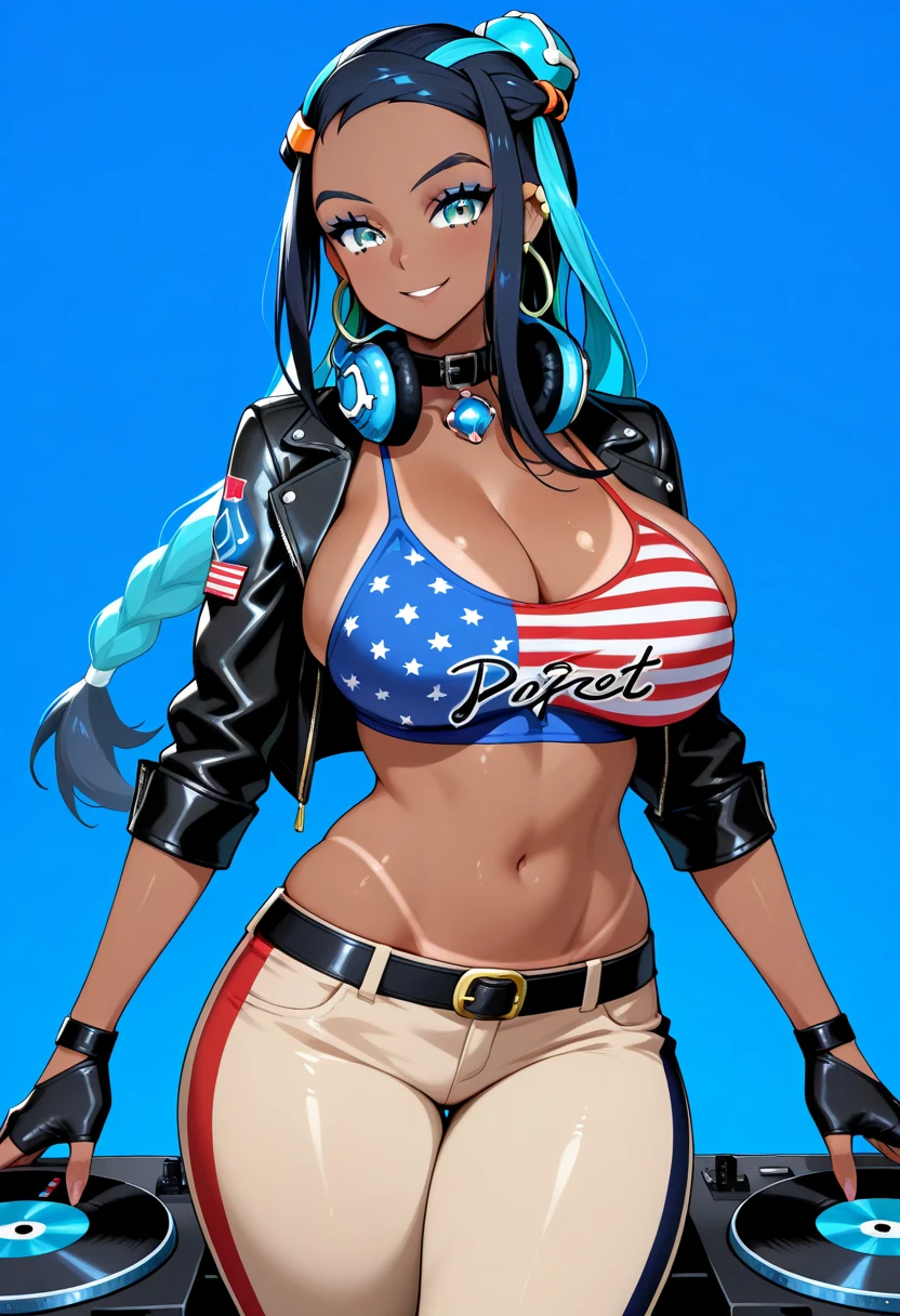 2girls, 2 models (curvaceous, colossal cleavage: 1.4, massive breasts: 2.1, multicolored hair, hoop earrings) wearing small American flag, star-spangled corsets