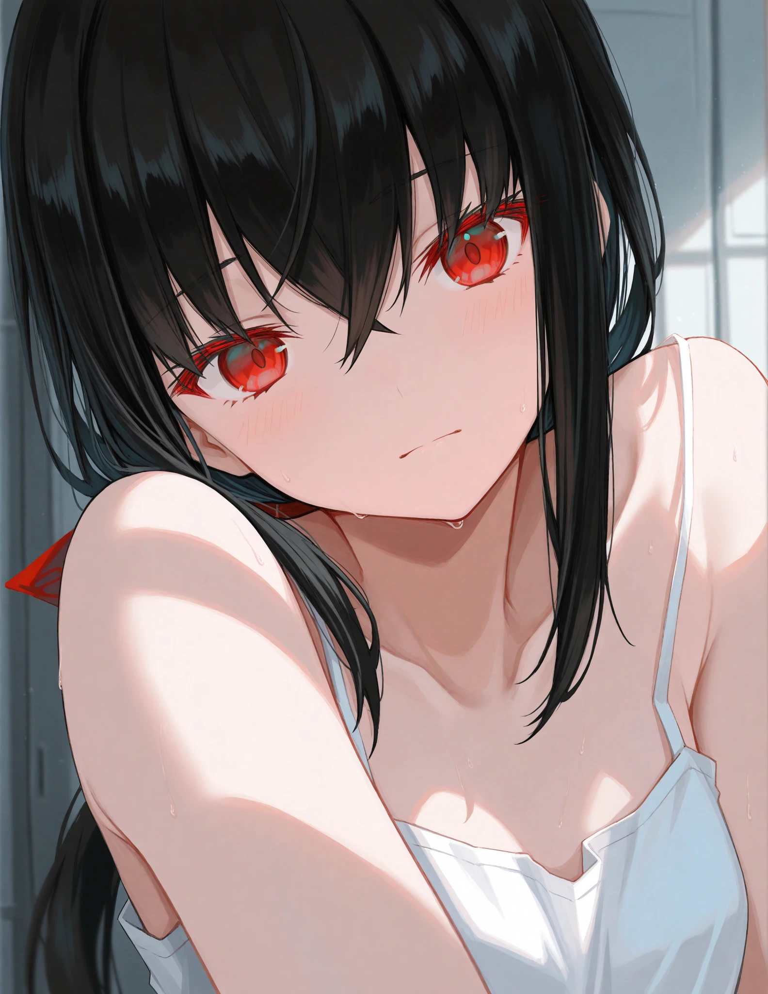 One Girl、Kaguya-shinomiya, kaguya shinomiya, Messy black hair、long hair, (Red eyes:1.5), red ribbon, ribbon, Side Lock, (Small breasts:1.2), BREAK looking at viewer, BREAK indoors, BREAK (masterpiece:1.2), highest qualthaty, High resolution, unthaty 8k wallpaper, (shape:0.8), (Fine and beautiful eyes:1.6), Highly detailed face, Perfect lighting, Highly detailed CG, (Perfect hands, Perfect Anatomy)、Collapse into bed、that&#39;Fallen、A system that allows you to see the face between your legs、Please open your mouth wide、that&#39;Come、Wistful face、haa、Embarrassing expression(1:2)、Rough breathing、Sexy Underwear、See-through underwear、(((legs wide open)))、sthat、Lie down in bed、White background、White background、Red face、Blushing、Embarrassing、Dynamic Pose、whole body、Sweat、breath、panic、panic