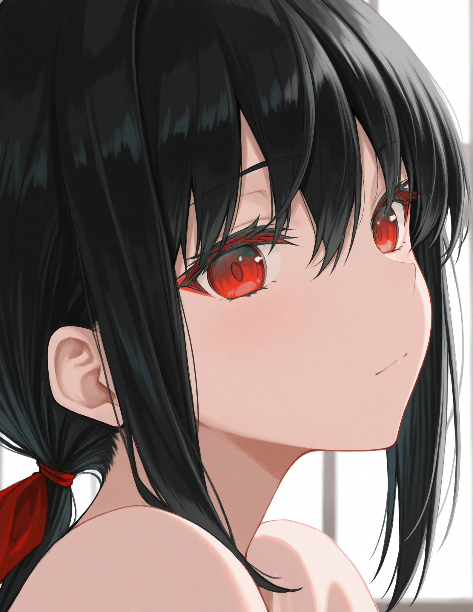 Black-haired, red-eyed character lying naked and sucking a cock while bashfully gazing up at the viewer, blushing cheeks.