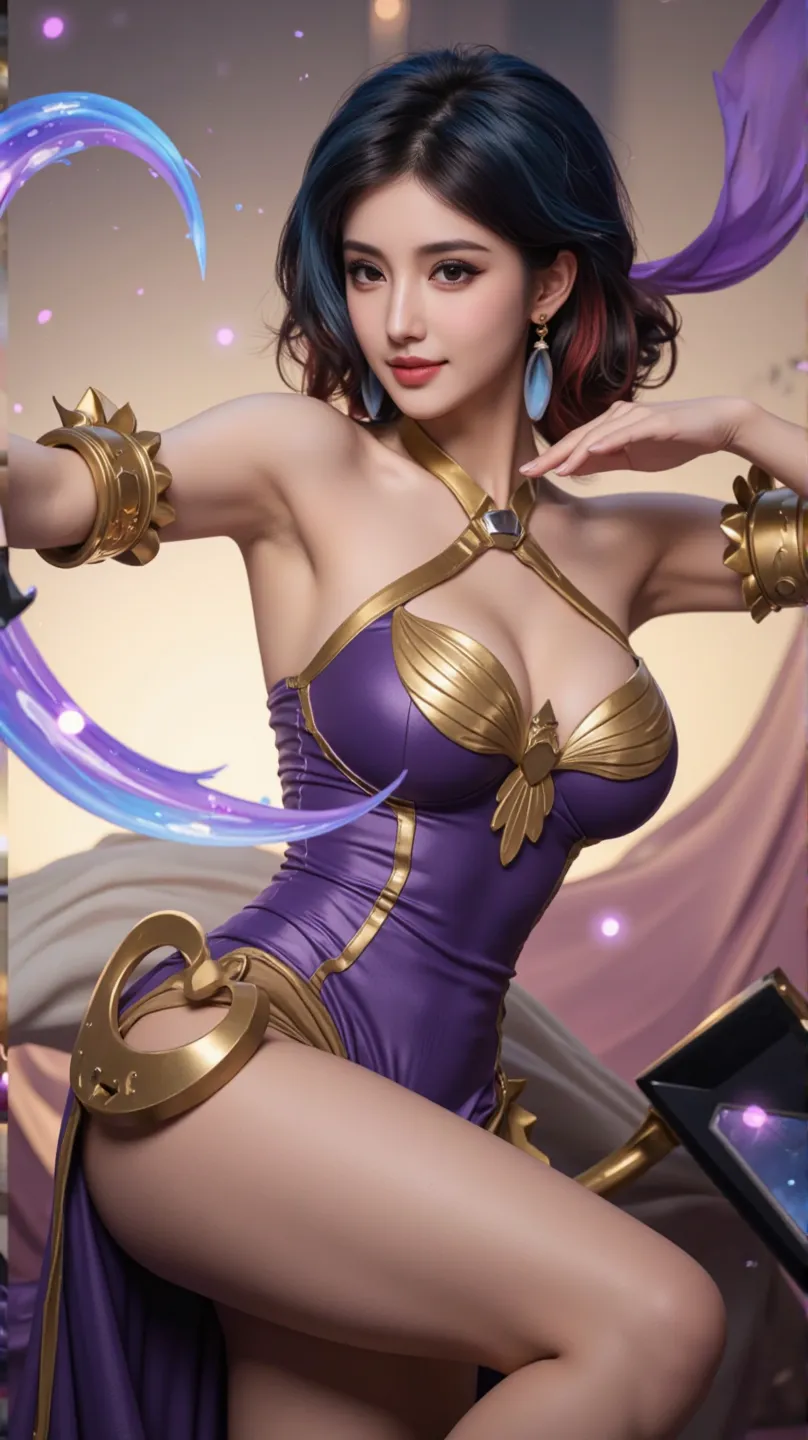 Armpit Show,Highest quality, masterpiece,View your viewers,smile,Red lipstick,Purple clothes,Cleavage,Big Breasts,(bob cut),