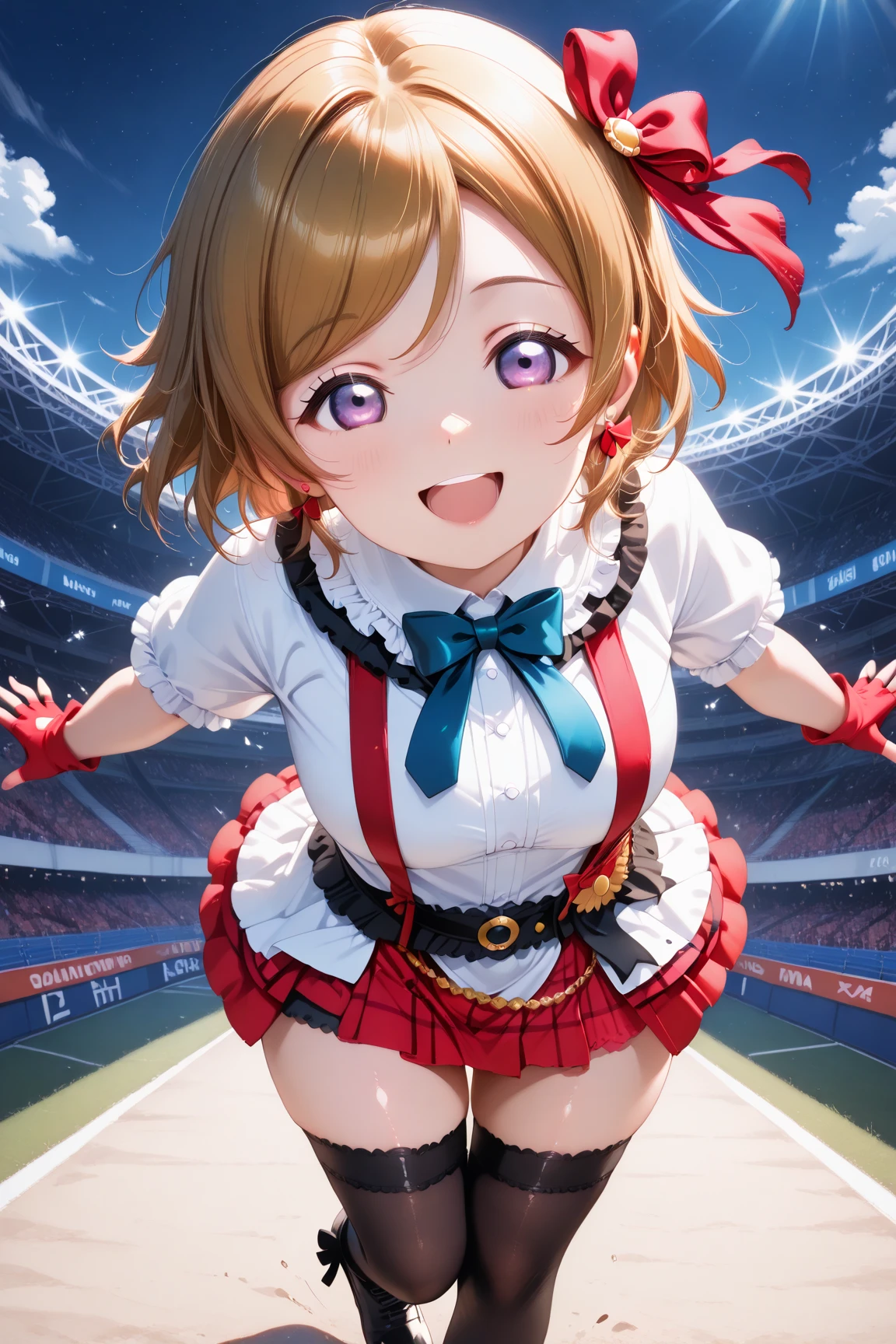 ((((Angle view from under the skirt, I can see her panties, ))),masterpiece, Highest quality, ,Brown Hair, Blue Eyes,lovelive,Honoka Kosaka, Frilled Chalk, (orange+Yellow checkered chest ribbon), (One-sided ponytail with a red scrunchie), Frilled shirt, Short sleeve, Red Bow, suspenders, 4 minutes black 6 minutes red skirt, frilly knee socks, :is, Belly button, A little embarrassed face, (Ultra low angle), Dancing, stage, (skirt flipped up),(vibrant skirt), (detailed panties 1.3), (cotton white panties: 1.3), (Frill Panties: 1.3), (Spreading legs: 1.3), (Focus on face and panties),