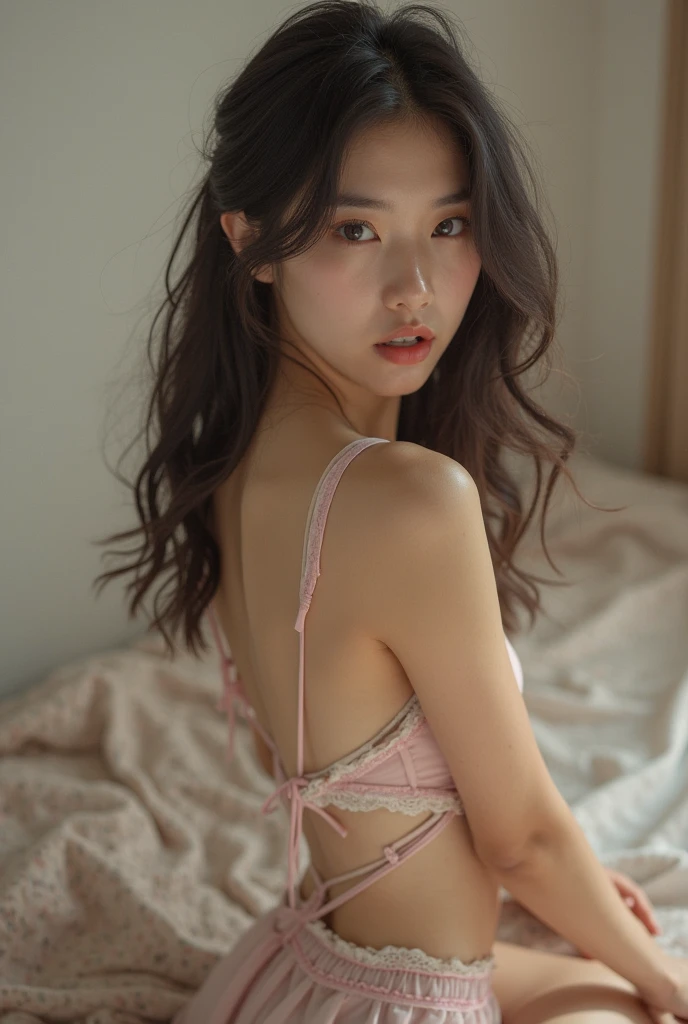 Skinny girl, thin, slim, pink bedroom, single bed, wardrobe, drawers, lamp, late evening, window, looking at camera, blue eyes, small, cute, sweet, nighttime, night, moonlight, realistic, nighttime, sat on edge of bed, smiling, smile, evil, naughty, seductive, brunette, camera looking down, looking up at camera, pale skin, very pale, 18, naked, nude, smiling, smile, mouth closed, cheek dimples, European, ponytail