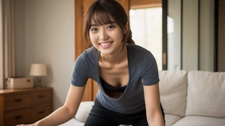 (masterpiece, 最high quality:1.2),from behind、turn around、 One woman,、kitchen, Leaning forward, (lean on the table:1.2), (lie down on the table:1.4)、ass up, scrawny, small breasts:1.1、thinウエスト、light make‐up、masterpiece, Best image quality, high quality,(super be familiar with), (wallpaper), (be familiar with face), (full body:1.2), super slender, Beautiful woman、Well-formed face、Symmetrical face、Symmetrical eyes、Well-formed eyes、Biologically correct human、Beautiful woman, ,Japanese, be familiar with, be familiar with eyes, be familiar with skin, Beautiful Skin, Ultra-high resolution, (reality: 1.4),so beautiful, Beautiful Skin, thin, The finer details, be familiar with face, Realistic photos, Bright lighting, Iris、Stylish bangs、Brown Hair,short ponytail、Beautiful legs、thin脚、smile、