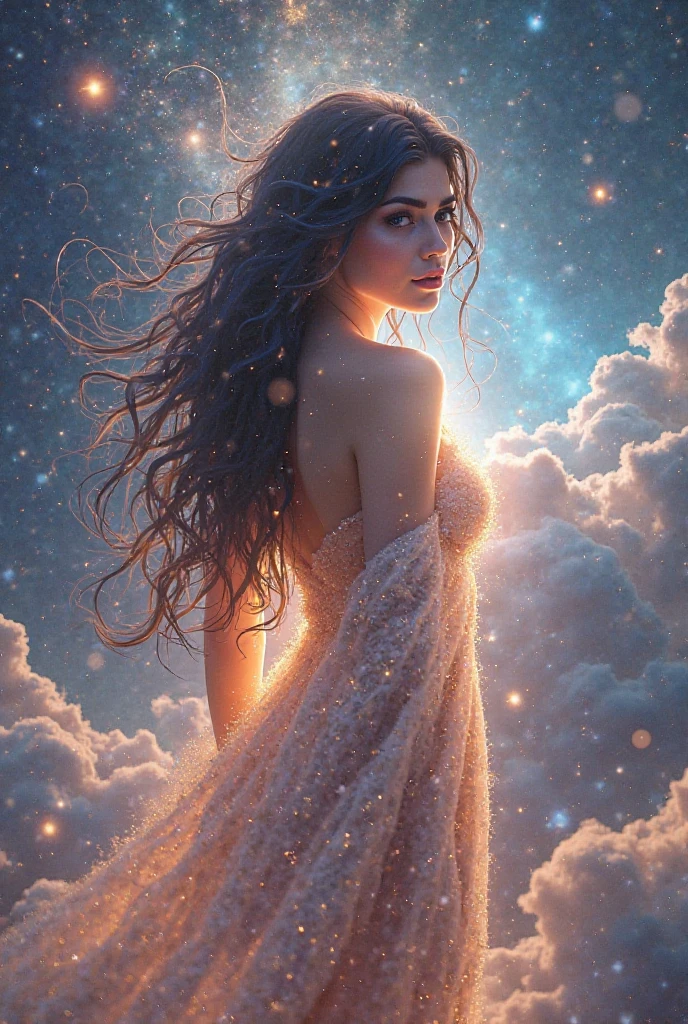 see through, from below, super long hair, wavy hair, pastel color, flying birds, shooting star, galaxy, 1girl, solo, long hair, jewelry, earrings, outdoors, sky, cloud, necklace, lips, wind, sunset, arm bracket, head chain, body chain, instricate details, ornamental, blurry background, foggy background, (rim light:1.2), (back light:1.2), ((Crepuscular Ray)), oilpainting style, --auto --s2