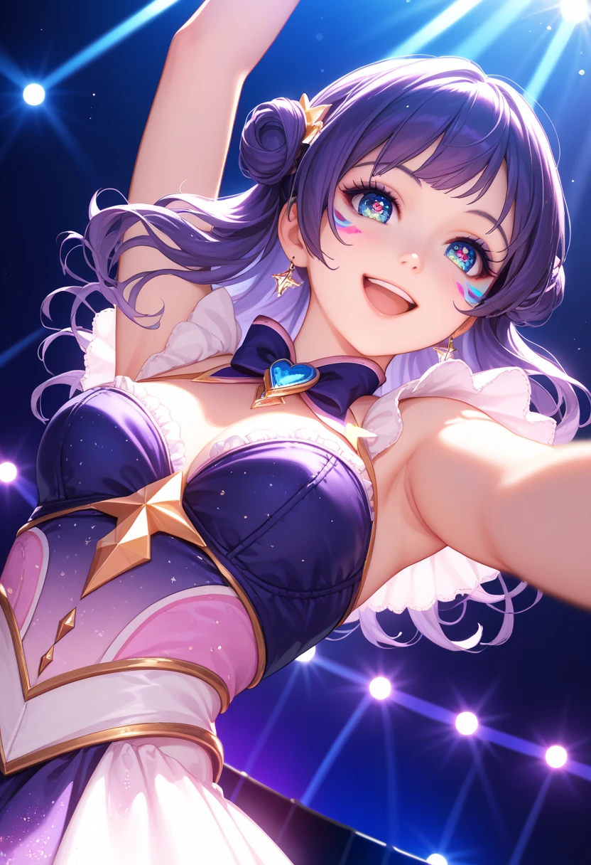 (masterpiece), (HDR), absurdres, (best quality), (ultra high quality), (hi-res), (1girl), (light blue eyes), beautiful detailed eyes, mature, ((brown hair)), bangs, short side locks, (((short wavy hair))), (((one silver hair star hair pin))), ((detached collar)), ((plunge neckline)), (medium breast), ((perky breasts)), (happy expression), smile, (looking at viewer), bending over, sticking chest out, hand on own chest, ((pinup)), posing, in the city, outside, buildings, daytime, sunlight on face, noon, bright sun, city scenery, birds, (((upper body))), ecchi