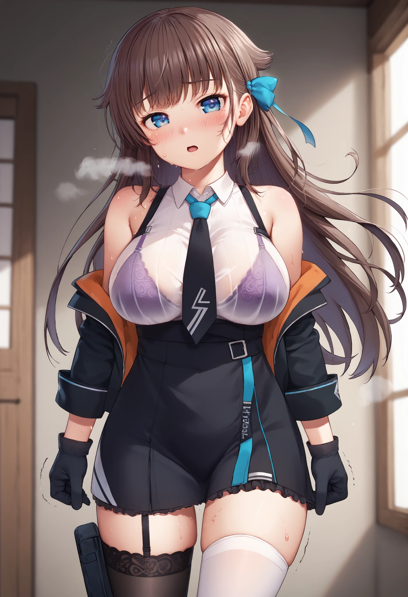 great quality,is so beautiful,Absard dress,best quality,newest,masterpiece,4k,resolution,anime screen capture,1 girl,brown hair,long hair,blue eyes,cute anime eyes,super huge breasts that have just been torn apart,very much sweat (Amount of sweat:2.0),blush(redness:3.0), uneasy face,I'm exhaling with my mouth wide open(steam),(Kana Kashiwazaki),hair bow,canavale , thigh length single socks, one leg in stockings, black jacket, sleeveless shirt, femoral strap, tie, cowboy shot, gloves, black skirt,I had sex until a while ago,my body is trembling because it has climaxed too much,steamが多い,shirt filled with sperm is see-through with sweat and the bra is slightly visible(The bra is purple),deepest part of vagina(semen inside),-game- Nebel Geisterjäger style