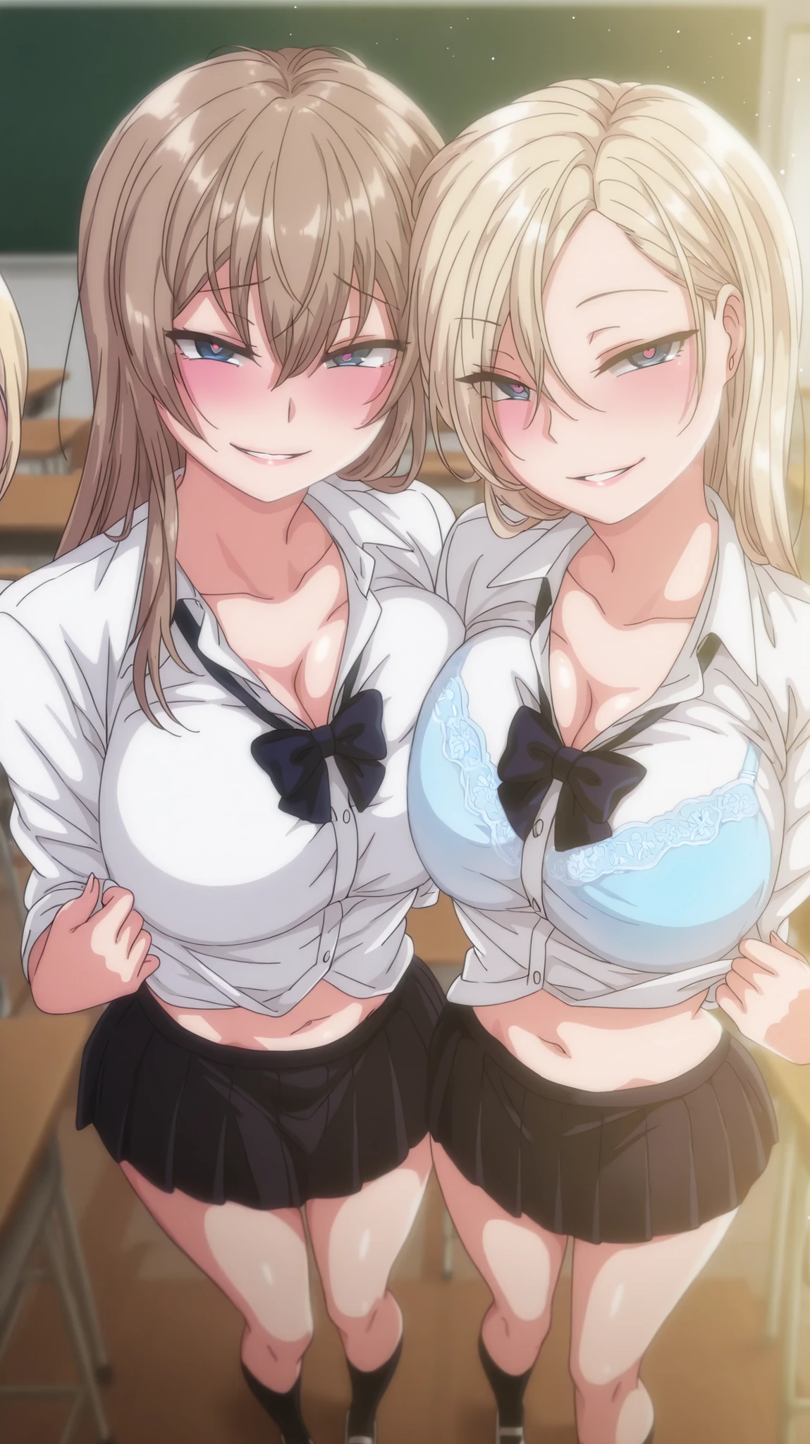 2 girls, kurashiki reigns, long hair, asymmetrical hair, large breasts, blue eyes, blonde hair, smile, narrowed eyes, parted lips, looking at viewer, naughty face, chisa, alone, chisa_IlXL,Brown Hair, slight smile, contrast, looking at viewer, seductive smile, anime coloring, expressive, sensual pose, full body, smiling, masterpiece, best quality, dynamic lighting, seductive smile, naughty, wild, looking at viewer, seductive body, sensual, school uniform detailed hand, detailed background, detailed eyes, flashy eyes, pretty eyes, perfect face, light particles, parted lips, happy, high quality(inside classroom, school desk, school chair,skirt, cholding a lollipop, heart-shaped pupils, blushing, ponytail, lift shirt,undress,bra, navel