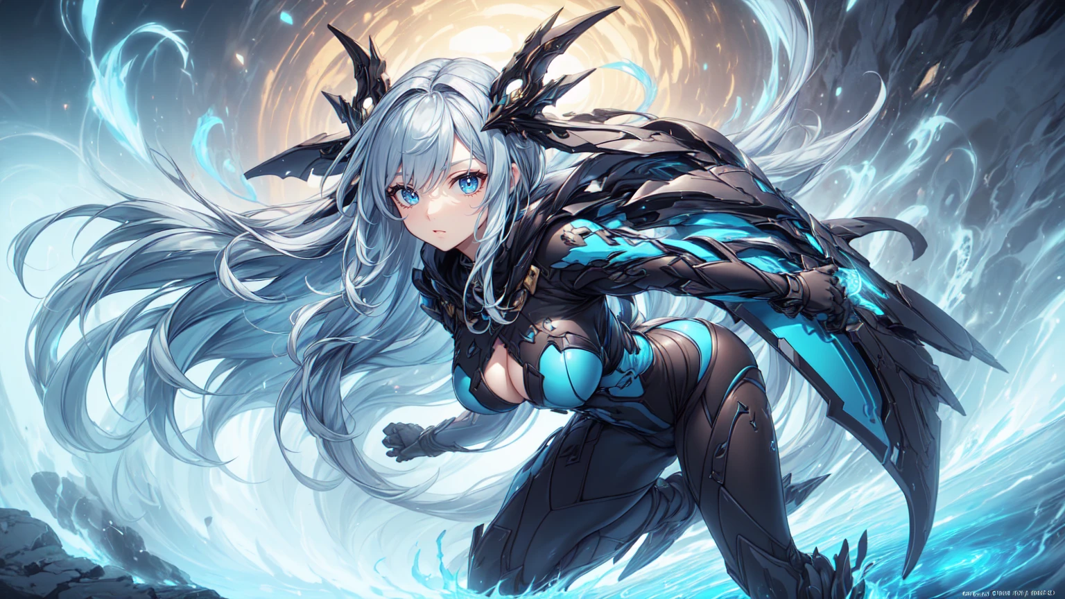 (sfw), intricate details, (bright neon colors), detailed background, night, 1girl, (lamia:1.4, monster girl, petite, (cute face, bright glowing yellow eyes), (human torso, petite perky breasts, robotic hands, robotic serpentine lower body, long coiled robotic tail), (white hair, absurdly long hair, hair blowing in the wind)), dynamic angle