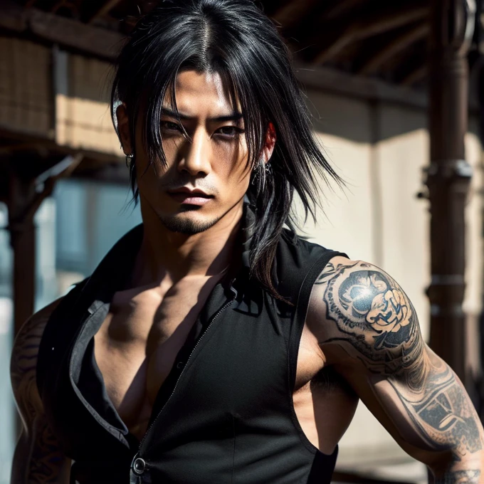 1 man, Japanese man, male, Asian eyes, muscular, broad shoulders, yakuza tattoos, hairstyle Visual Kei style, hair Visual Kei, black men's shirt and black pants, ultra detailed face, hyperrealistic, realistic representation, long hair, long hair, 30 years old, age 30 years, blond, blonde hair