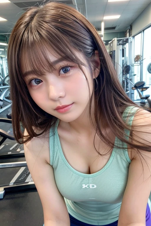 Look into the eyes, Eye contact, Front of face, face, Cross-legged, indoor, Brown Hair, bangs, Tank top, Sweat, clavicle, shoulder, Cross-legged, chest, Earrings, Skin Moisture, The gaze looking down on me, Look at me, Point the bottle, baby bottle
