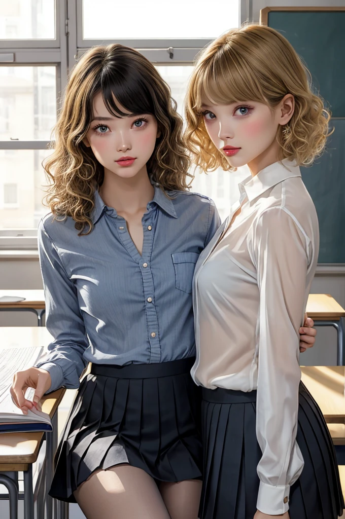 (Natural strawberry blonde and redhead girls with pretty faces), Cute pose, wearing a button shirt, body, skinny, Atmospheric, Dark atmosphere, Edge lighting, Sayaka Yamamoto, Saito Asuka, Mao Akiyama's facial features, 8K, Full body portrait, Elegant outfit, Natural light, Spooky greenhouse at night, Sharp focus, (Highly detailed eyes and face, Professional photography techniques), (Beautiful small face, beautiful girl, high school student, Idol Face, Baby Face:1.4), smile, Happy, K UHD, Hmph, Beautiful and soft skin, Vibrant Skin, blush, (Chirarizum:1.3, Unbutton your shirt:1.3), (Beautiful breasts, Cleavage), (Small beautiful butt), (Detailed hands:1.1, The optimal ratio is four fingers to one thumb), Perfect proportions, (Perfect Anatomy:1.3), (Highest quality, Masterpiece, Highest quality, Ultra high definition, Photorealism:1.4), ((Touching each other's breasts))