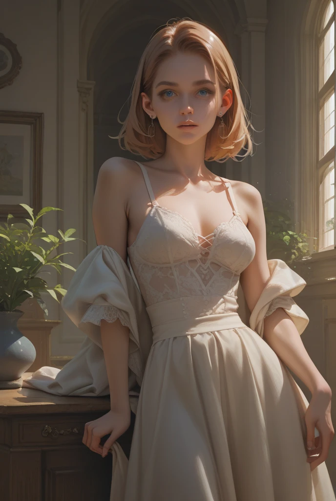 (((Side view))), pretty young adult woman, European, beautiful, ((small breasts, sideboob)), ((light brown hair, full messy hair)), (pink and white summer dress), (translucent summer dress), looking out a window, sunny spring day, ((fantasy cottage interior)), work of art, masterpiece, pleasant atmosphere