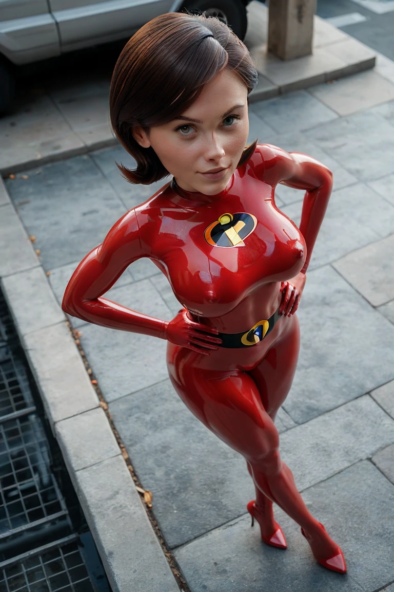 ElastigirlHelenParr a woman dressed in a red leotard, correa, Black gloves and stockings, Masterpiece, high resolution, photorealist, Best Quality, perfect lighting, 8k, realist, photo-realist, ultra detailed, simple background, White wall, 