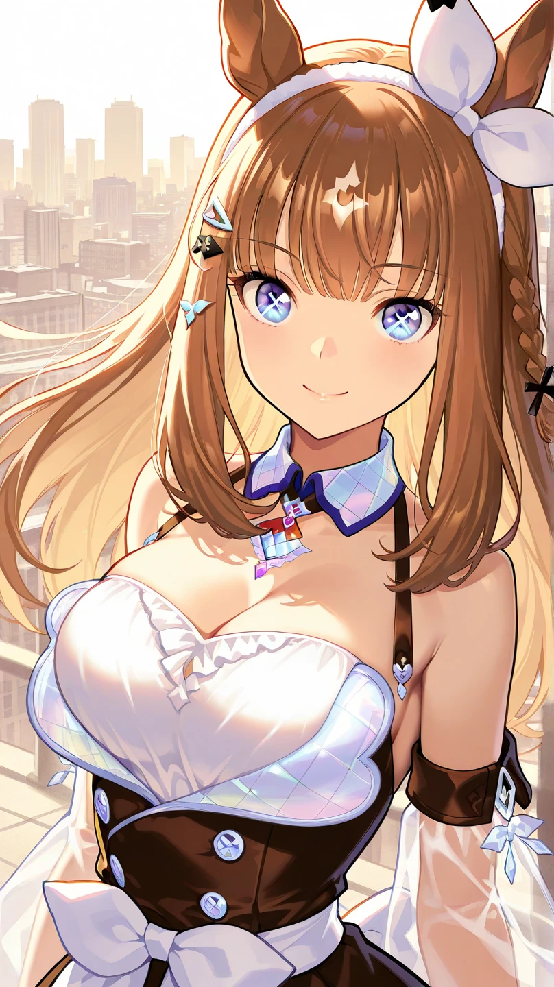 ((masterpiece)), ((highest quality)), (super detailed), ((cute)), cute, (Lovely), ((sexy)), (device), ((very detailed)), 4k, (8k), highest quality, (beautiful), anime style, fold your arms, looking down from above, focus on the face, bar, night, a cute girl, 1 girl, alone, Bunny girl, beautiful light brown hair, beautiful purple eyes, ((beautiful eyes)), white skin, ponytail, Bunny ears, big breasts, earrings, embarrassing, shiny, shine