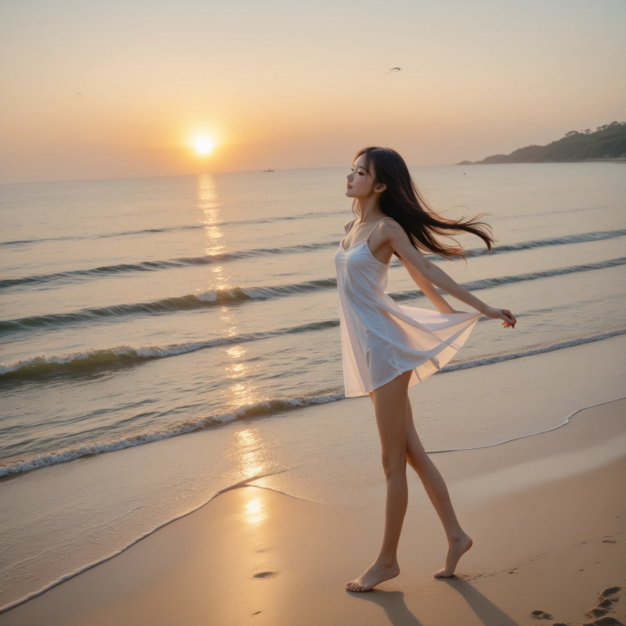 low light dark pastel tones, The is very detailed,(The face is very detailed)，Look at the audience， great quality, reflecting, (Natural happy girl running on the beach, Long black hair flying, gauze pajamaeautiful sunset on the beach, Dark 80s dystopia《bladerunner》styled, Blushing and questioning view from below, dynamic scene, The is very detailed, hyper HD, tmasterpiece,