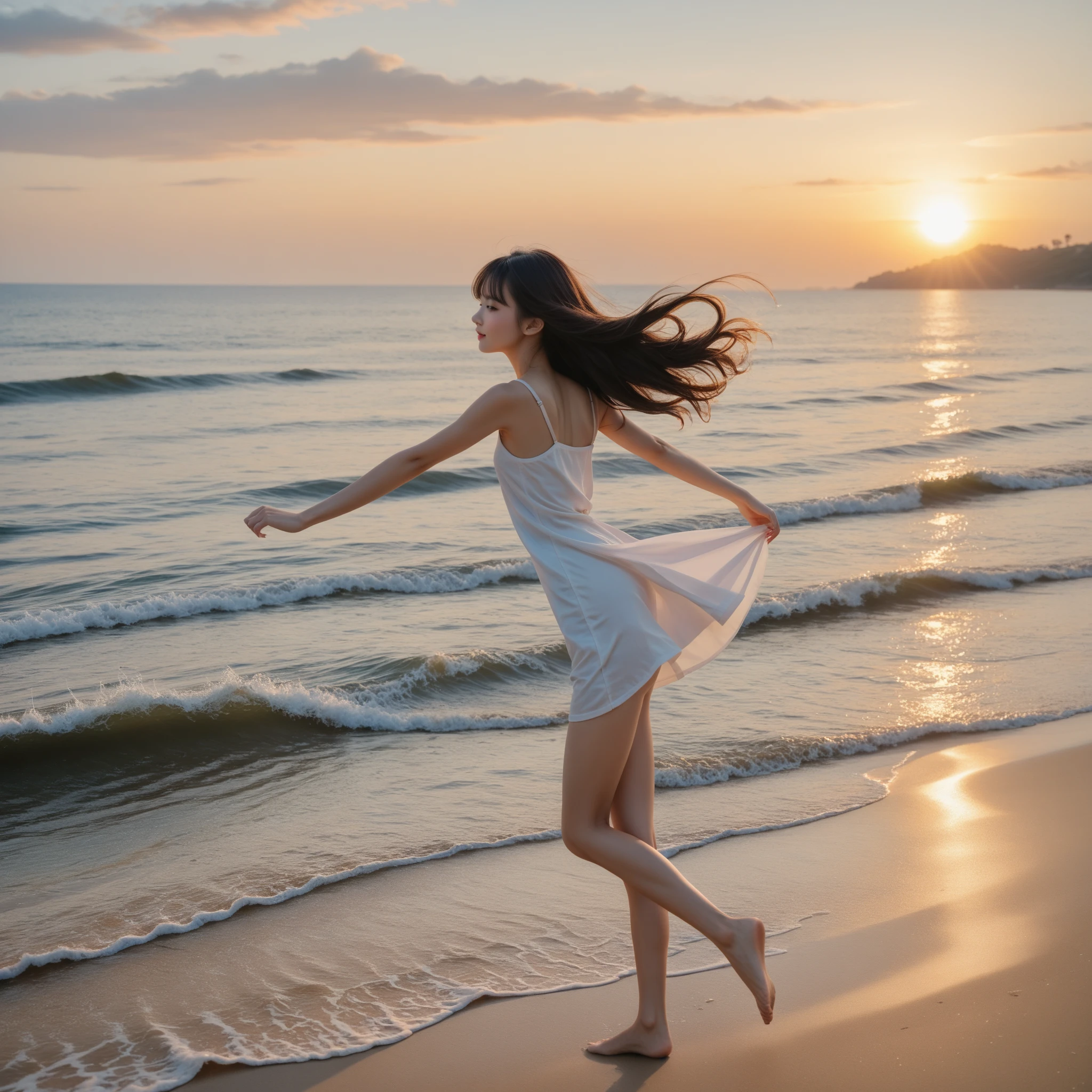 Beach,seaside,((一群Seagull飞翔)),Fall into the afterglow,A 26-year-old girl, Wear a white skirt,whole body,((Open your arms)),Facing the sea,Watching((Back)), Black silky long straight hair, Long hair spread over shoulders, On the beach,女孩张开手臂Embrace the sea,Female tenants,Embrace the sea,Angle Behind,((Back)),Facing the sea,(((Facing the sea))),Seagull