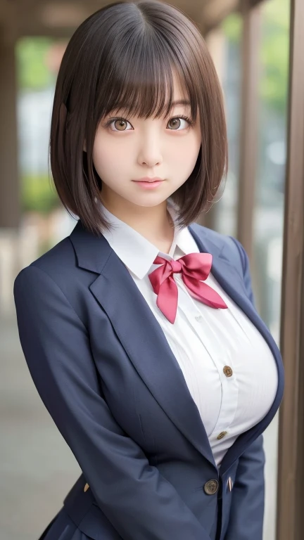 Non-NSFW、Realistic、Highest quality、Highest quality、masterpiece、Ultra-high resolution、RAW Photos、Realistic、Bright lighting、Face Light、Smooth Professional Lighting, (navy blazer:1.5), (red tie:1.5), (gray mini skirt:1.5), (white thighhighs:1.5)、Looking into the camera、alone、Adult female、Beautiful woman、Super Beauty、realistic skin、Moisturized Skin、Realistic eyes and faces、Perfect model body shape、Beautiful Eyes、Big eyes、Inconspicuous tear bags、slim、No bra、Beautiful fingers、very short hair、Black Hair、Blue Eyes、Looks happy,(smiling:1.1)、(Both ears are hidden by hair)、Fantasy World, Small Ass, (Venus's Breast:1.3), A konigsreuter,(high heels:1.5)