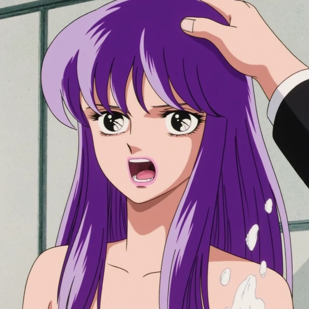 Naked girl with long purple hair licking a ice pops