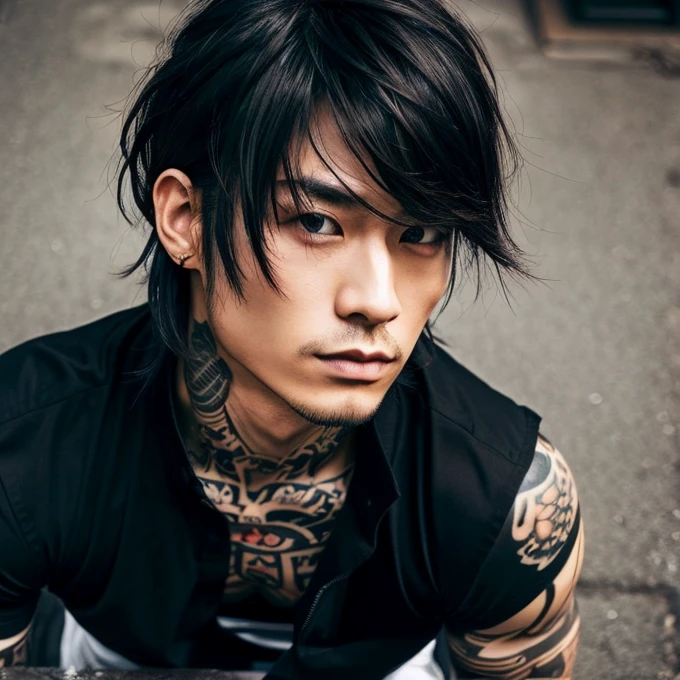 man, marked features, tattoos on the torso, leather jacket, intimidating appearance, OFFENDER, attractive , young, anime