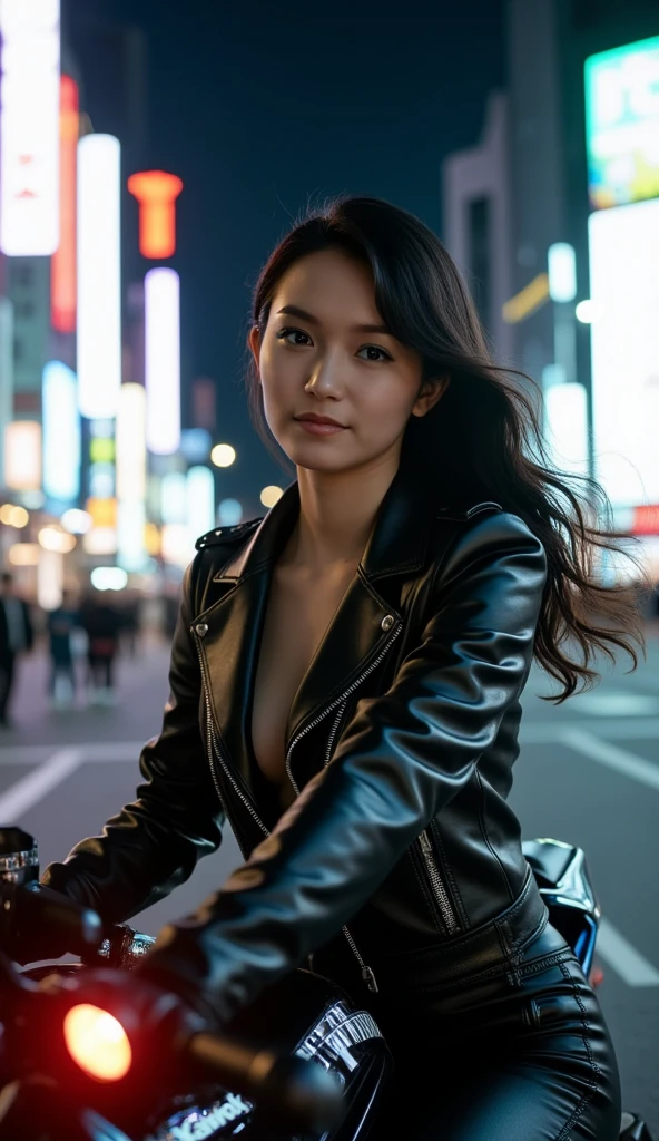 ((best quality)), ((masterpiece)), (detailed), (Masterpiece: 1.4), (8K, Real, Original Photo, Best Quality: 1.4),1 naked beautiful girl japanese model bokeh, big breast, long-brown haired, very rainy, very wet skin, Japan sidewalk, city night, from forward, smile, sunglasses, full body,