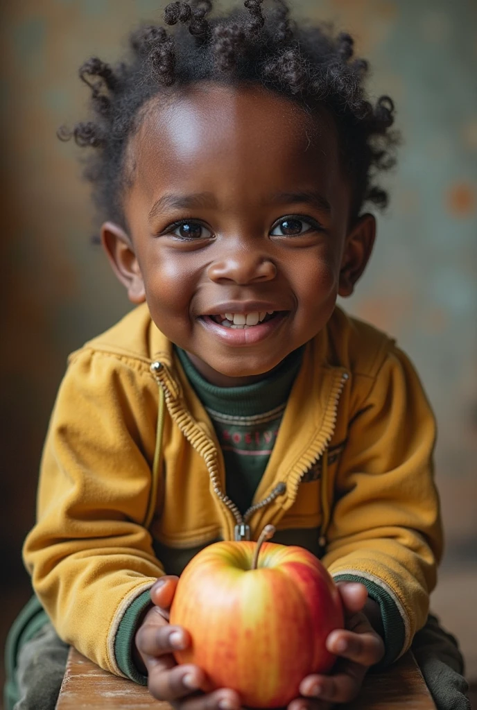 baby drawing. One-year-old baby with black skin and dark brown hair, small nose and ears, smiling, wearing a terracotta orange romper with a white shirt underneath and white sneakers