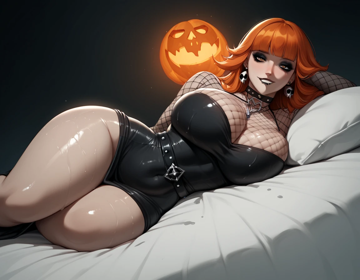 A black woman, beautiful fat CHUBBY BELLY, african american, cat girl, she has huge thighs and ass, jumbo tits, big curly orange hair, she has cute cat ears, big glowing yellow cat eyes, long eye lashes, big belly, it's night time, HD , naked, mansion bedroom , perfect eerie lighting for a spine-chilling Halloween night, sexy, model, she's laying spread out on the bed,