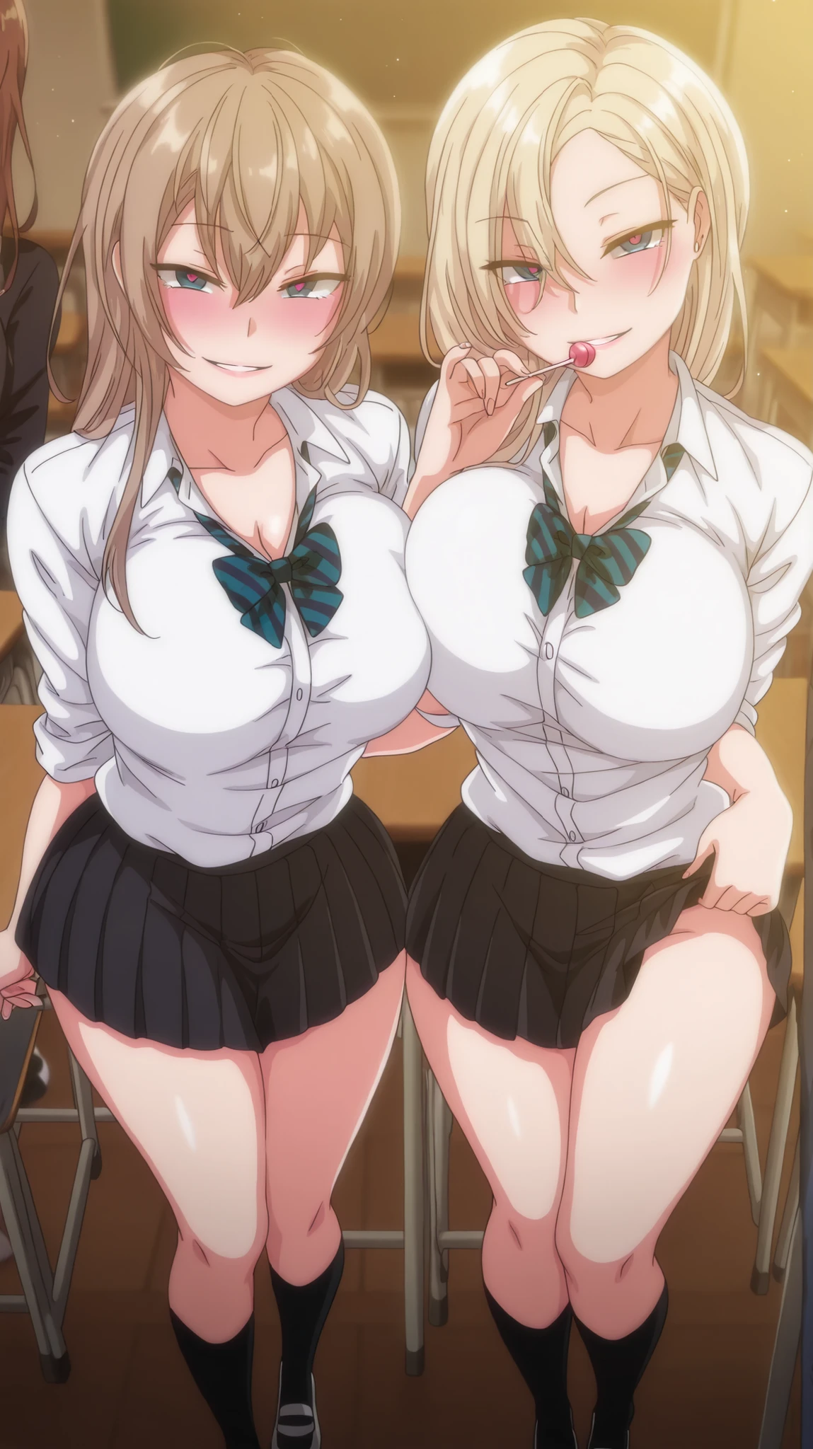 siren_triagex, solo, 1girl, (3heads:1.5), (huge breasts:1.5), (beautiful eyes:1.5), (detailed eyes:1.5), 3heads, three headed girl, blonde_hair, long_hair, wavy_hair, blush, lipstick, Hot girl, baddie, staring, glaring, bad attitude, mean girl, dare, angry, hate, crazy, smoking, sensual, attractive, blush, lipstick, masterpiece, best quality, ((unbuttoned , cleavage, necklace, earrings, sexy body,
breasts)) , micro skirt, smiling, navel , exposed belly, exposed navel,(nsfw) not safe for work,school,
classroom , hold a gun,knot, holding pistol