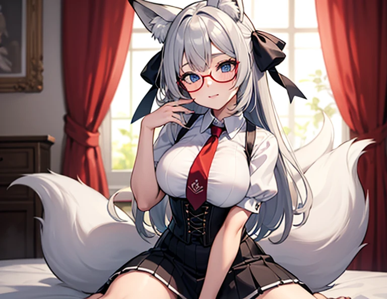 a beautiful kitsune girl, long white kitsune ears, multiple white kitsune tails, black and red maid  lady outfit, blue glasses, 8k, anime style, yellow eyes, big breasts, detailed eyes, ultra-detailed, 4k, high quality, vibrant colors, warm lighting