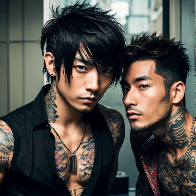 Two Korean men with long hair and piercings showing their well-shaped and ripped chests, very white and muscular, from the front