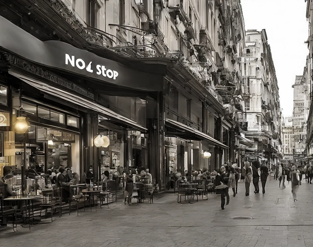 Create vintage snap shot from history , camera wide gets crowded people and metro body like Trian in black and white color photo a realistic natural image with smart dimensions from artificial intelligence with professional quality, high transparency and virtual reality of a public street with a crowd of pedestrians, elevated metro station WITH automatic stairs and shops next to each other and their displays with front lighting from hand and neon and their signs with illuminated names and a corner of a coffee shop with some people sitting on it. It has a glass front that enables you to see what is inside of it from people and those sitting and it has the name Costa Coffee hanging at the highest point as an advertisement for the place. This name is illuminated with an eye-catching color for the place and has high lighting from neon and LED that enables clear night vision. Make this image with realistic dimensions that shows a real photographed image of the street with the coffee shop and the advertising lighting for the name of the place in a professional manner. Use realistic images, cinematic films and others, use history images white and black color image.
