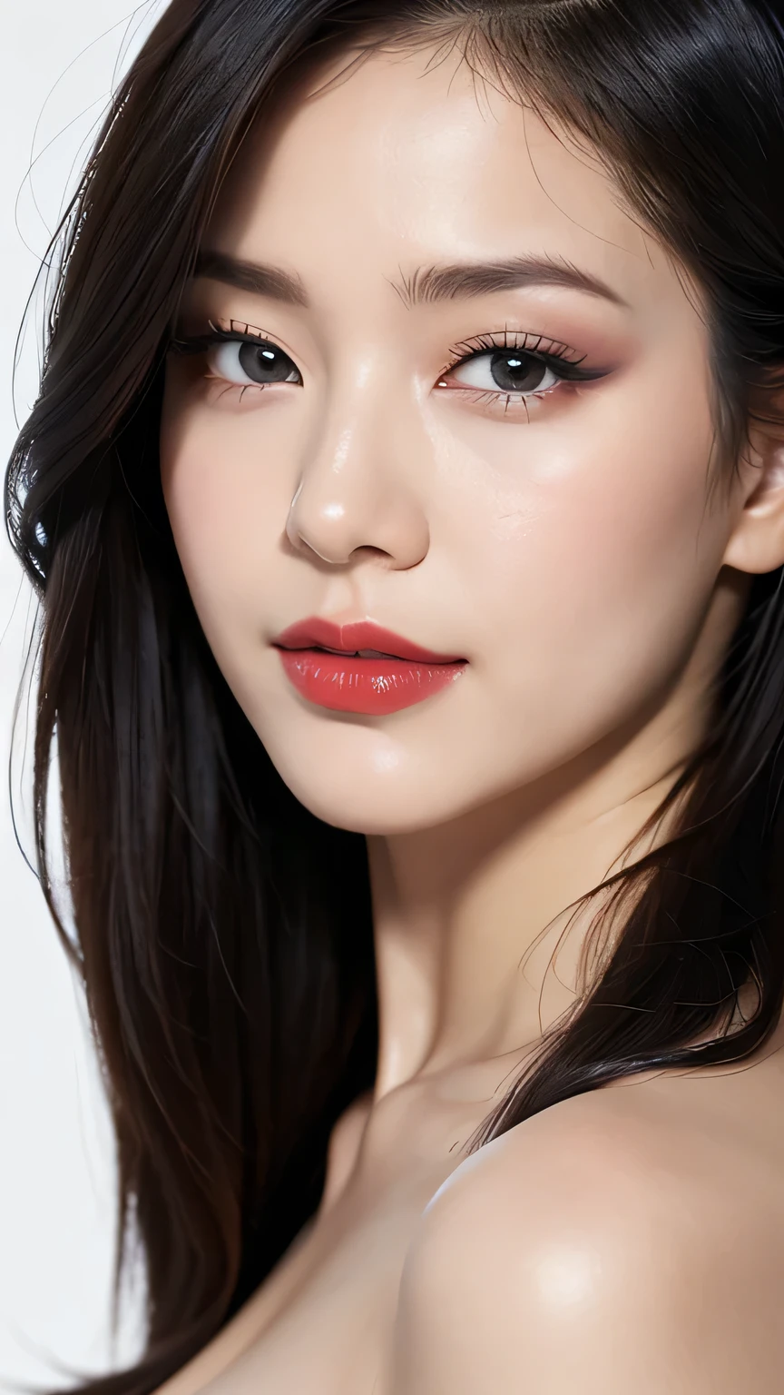High resolution, masterpiece, high quality, Textured skin, Ultra high definition, Background blur, far and near method, woman、30th Generation、Face close-up、Large Breasts、A seductive smile、Red Lip、Short, center-parted black hair、Droopy eyes、Tube tops、ID photo、Simple Background, solo,