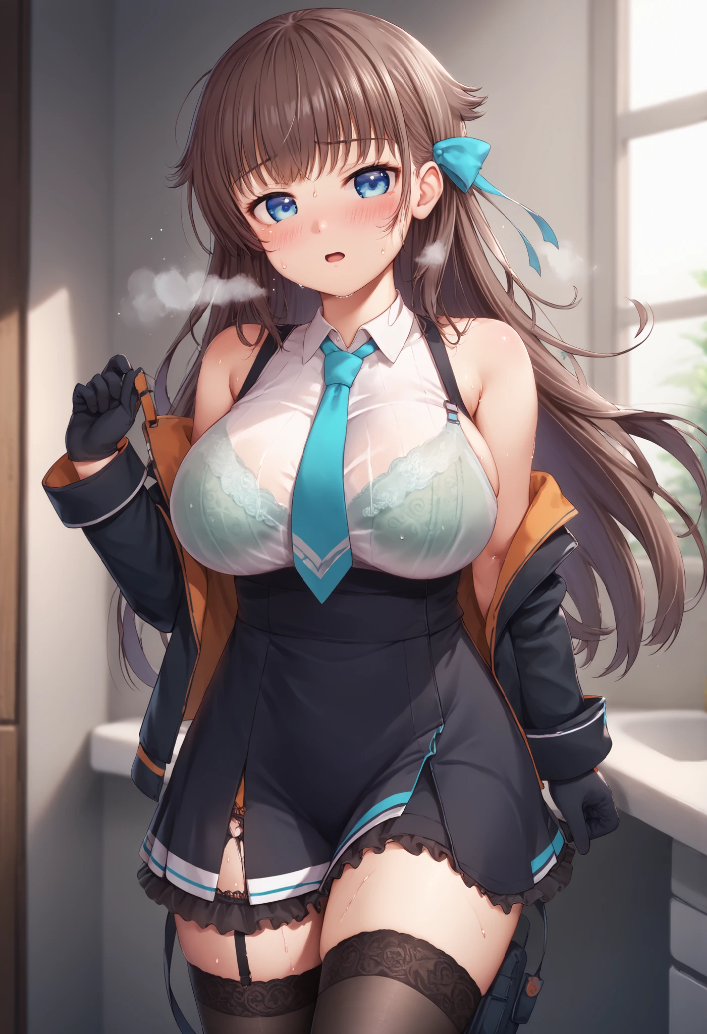 masterpiece, best quality, ultra-detailed, illustration, warm lighting, bright colors, 1girl,solo, long hair, very long hair, chifuyu, blue eyes, bangs, hair_flower, hair_ornament, hair_over_eyes, ponytail,
clothes_lift, lifted_by_self, panty_pull, caught, blush, embarrassed, furrowed brow, presenting, flashing, bra_lift,
1girl, apron, black_bow, black_bowtie, white_dress, blinds, book, bow, bowtie, cleavage, cleavage_cutout, closed_mouth, clothing_cutout, cup, dress, frilled_dress, frills, fruit, full_body, garter_straps, hair_twirling, hand_on_own_thigh, hand_up, indoors, lamp, legs, legs_up, long_hair, looking_at_viewer, maid, maid_apron, no_shoes, panties, puffy_short_sleeves, puffy_sleeves, short_sleeves, sitting, solo, stirrup_legwear, thighhighs, thighs, underwear, white_apron, white_garter_straps, white_panties, white_thighhighs, feet out of frame,